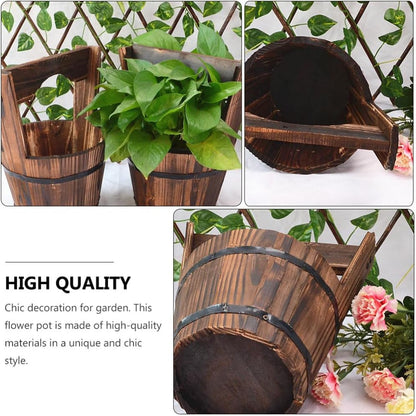 HANABASS Wooden Bucket Barrel Rustic Patio Pots Water Wishing Well Pail Vintage Style Primitive Planter Container for Garden Home Patio Backyard, 10.6x9.0 inch