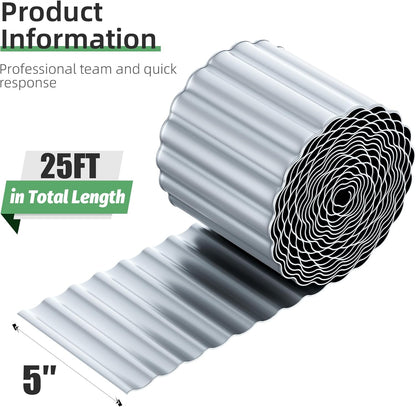 Corrugated Metal Garden Edging, 5''×25Ft Steel Landscape Edging Border, Flower Bed Edging Borders, Metal Lawn Edging for Landscaping, Garden, Pathway, Lawn, Flower Bed, Garden Bed (Silver)