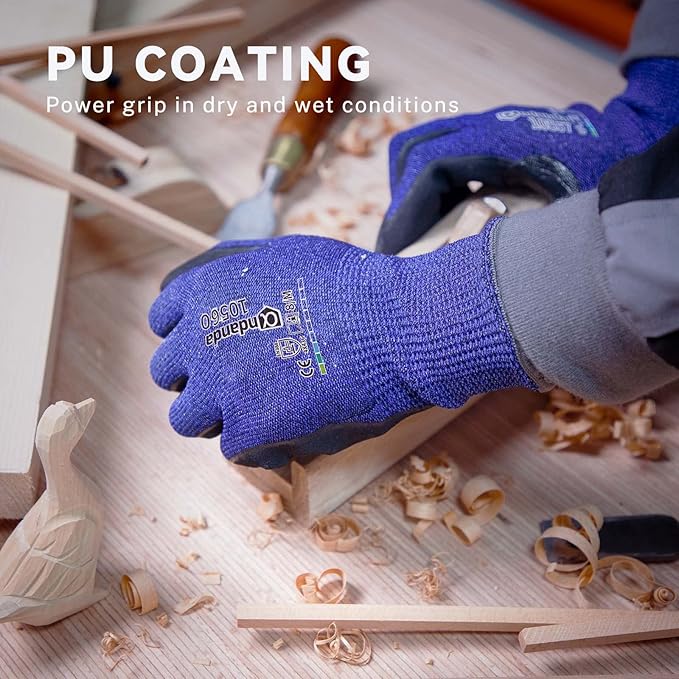 ANDANDA Cut Resistant Gloves Level C, 3D Comfort Stretch Fit, PU Coated Work Gloves with Power Grip, Ideal Work Gloves for Men/Women Handle Glass, Sharp Metal, Blue(XL),1Pair