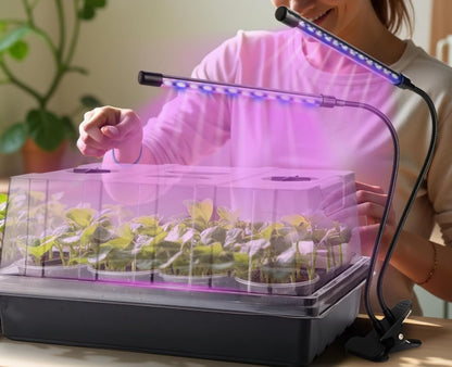 50p 3.5" Clear Nursery Pots with 4p Trays and 2p Adjustable LED Grow Lights – Transparent Plant Pots with Drainage Holes, Complete Seed Starter Kit with 5" Tall Humidity Dome for Plant Propagation