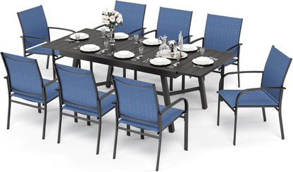 HERA'S HOUSE Extendable Patio Table and Chairs Set for 8, 9 Pieces Outdoor Dining Set, Rectangular Metal Dining Table with 8 x Chairs for Deck Lawn Garden Porch, Blue