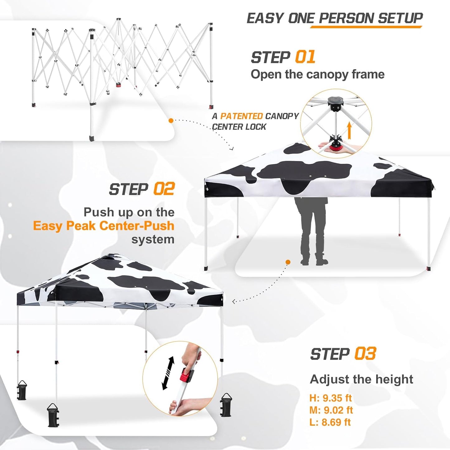 EAGLE PEAK Pop Up Canopy Tent with Wheeled Carry Bag, 8 Stakes, 4 Ropes, 4 Weight Bags, Easy Set Up Tent Canopy, 10x10 ft, 100sqft of Shade, Cow Print