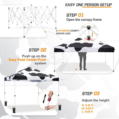EAGLE PEAK Pop Up Canopy Tent with Wheeled Carry Bag, 8 Stakes, 4 Ropes, 4 Weight Bags, Easy Set Up Tent Canopy, 10x10 ft, 100sqft of Shade, Cow Print