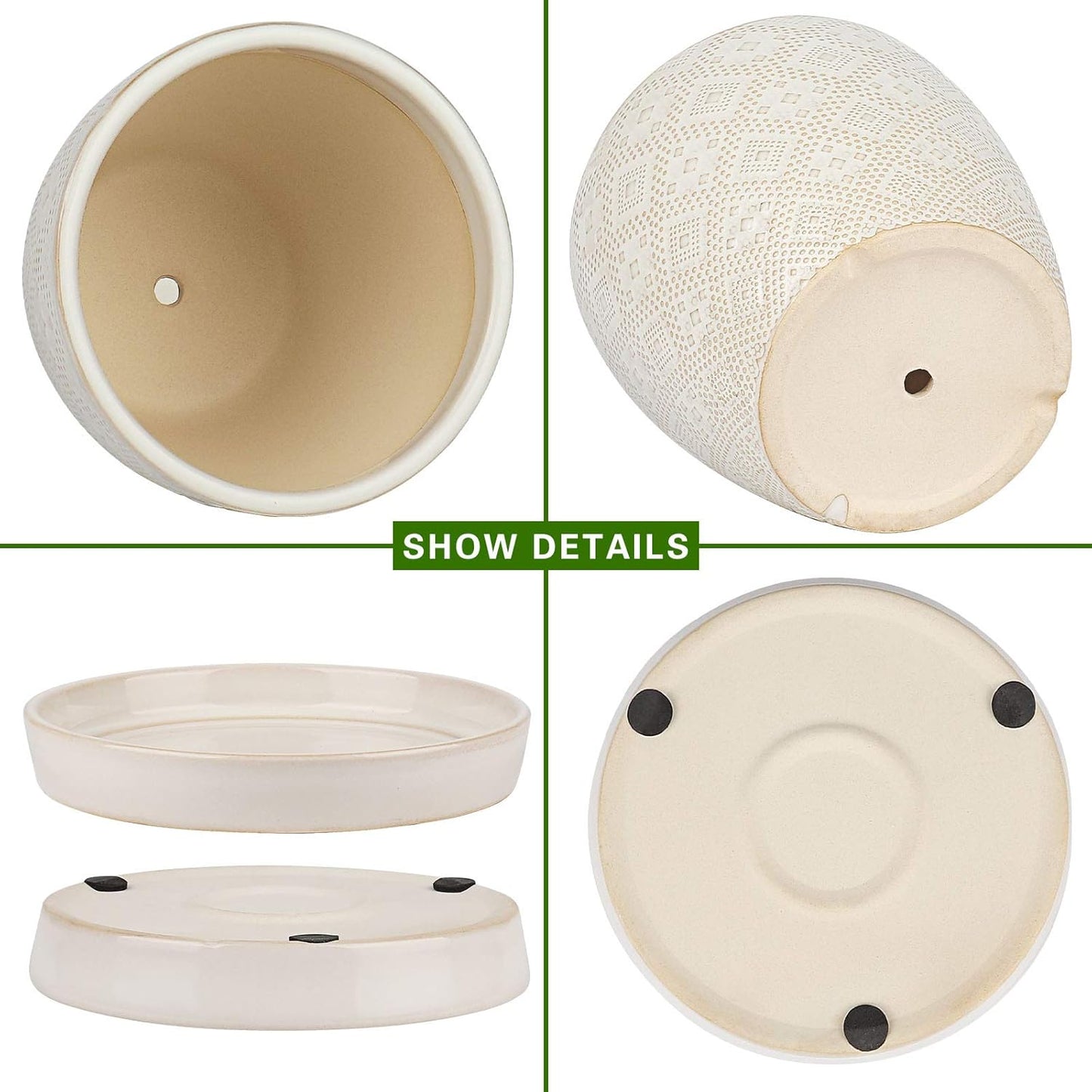 Docrin Ceramic Plant Pots Indoor, 6.6 + 5.5 Inch Planters with Drainage Holes and Saucer for Home/Office - Set of 2 /White