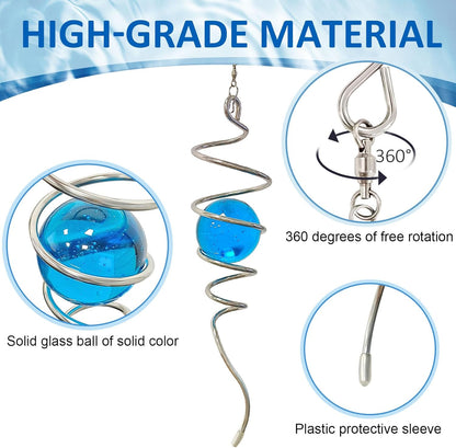 Gazing Ball Wind Spinner Spiral Tail with Blue Glass Orb | Creates Captivating Visual Illusion in Spinning, 13In Wind Spinners Stabilizer | Hanging Rotating Art Outdoor Garden Decor & Gift