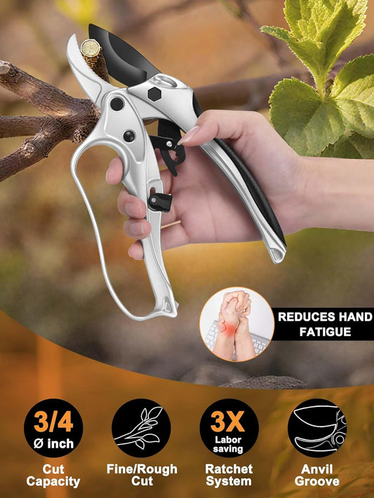Ratchet Anvil Pruning Shears for Gardening Heavy Duty, Labor-Saving Design Garden Clippers for Arthritis Weak Hands, 3/4" Cut Capacity Branch Cutter for Tree Trimming, Flower, Rose, Plant
