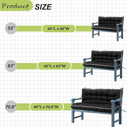 Swing Replacement Cushions with Backrest, 2 or 3 Seater Waterproof Non-Slip Overstuffed Swing Pad, Indoor/Outdoor Bench Cushion for Porch Chair Swings Garden Furniture (Black, 40 * 55 in)