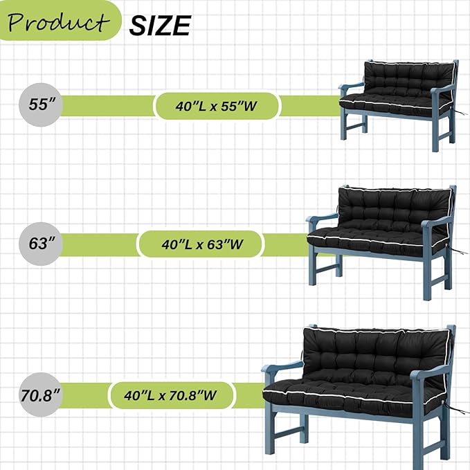 Swing Replacement Cushions with Backrest, 2 or 3 Seater Waterproof Non-Slip Overstuffed Swing Pad, Indoor/Outdoor Bench Cushion for Porch Chair Swing Garden Furniture (Black, 40 * 70.8in)