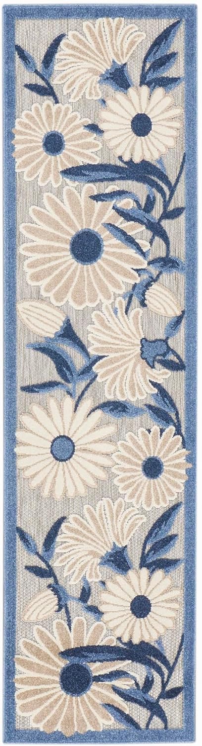 Nourison Home Aloha Outdoor Blue Grey 2'3" x 8' Area Rug, Easy Cleaning, Non Shedding, Bed Room, Living Room, Dining Room, Deck, Backyard, Patio (2x8)