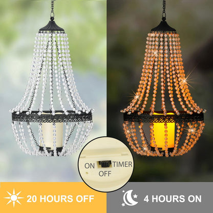 Hanging Candle Lantern, 27” Battery Operated Modern Clear Acrylic Crystal Chandeliers with Flickering Yellow Led Candle Light S Hooks for Garden, Backyard, Gazebo, Room Indoor Outdoor Decor