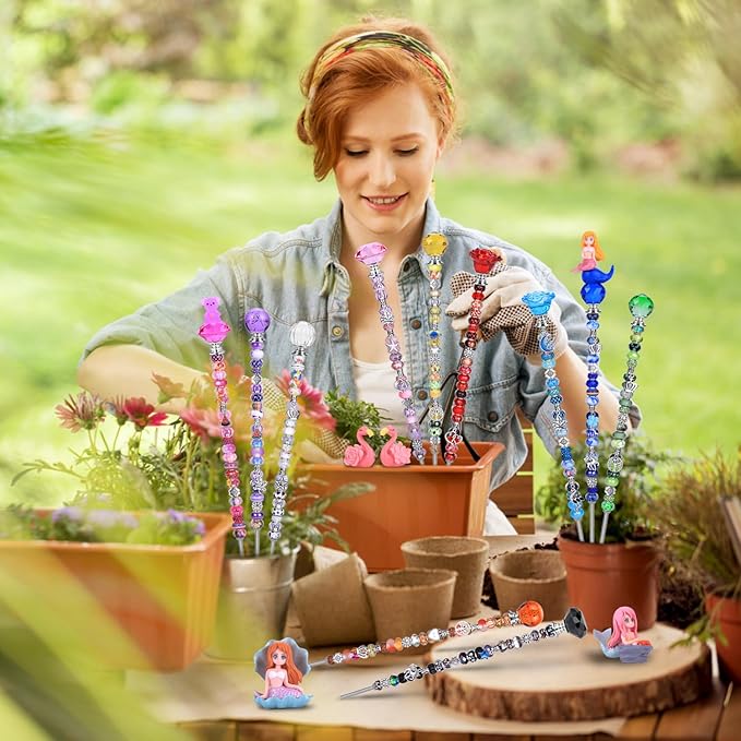 158 Pcs DIY Fairy Wand Garden Stakes Kit,Multiple Color Scheme European Beads Crystal Diamond Tops and 12 or 10 Inch Threaded Rods,Stainless Steel Stakes with Diamond Toppe(Purple)