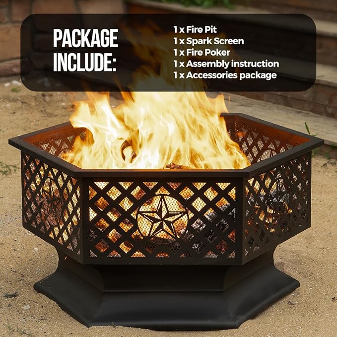 33 Inch Outdoor Fire Pit, Hexagon Shaped Wood Burning Fire pits for Outside, Metal Firepit with Fire Poker&Mesh Cover for Bonfire, Patio, Yard, Garden,Beach and Camping (33'' Black)