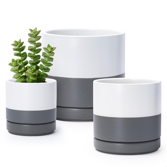 D'vine Dev 4 Inch & 6 Inch & 8 Inch, Set of 3 Round Ceramic Planter Pot with Drainage Hole and Saucer, White/Speckled Grey, 94-T-M-6