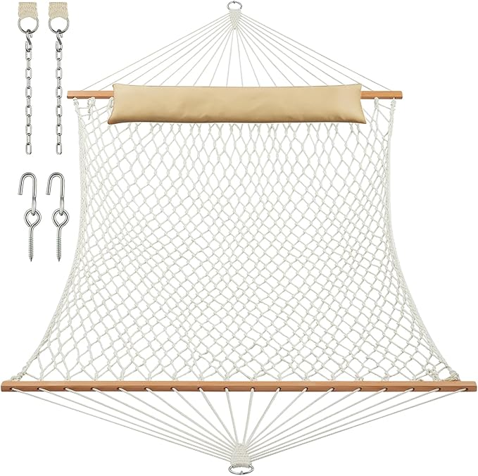 JoyView Traditional Rope Double Hammock - Hand Woven Cotton Hammock with Hardwood Spreader Bar and Pillow 450lb Capacity for Outdoor Indoor Patio Yard - Natural