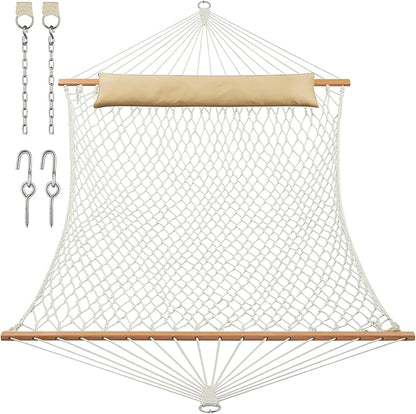 JoyView Traditional Rope Double Hammock - Hand Woven Cotton Hammock with Hardwood Spreader Bar and Pillow 450lb Capacity for Outdoor Indoor Patio Yard - Natural