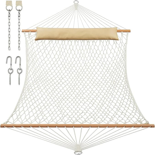 JoyView Traditional Rope Double Hammock - Hand Woven Cotton Hammock with Hardwood Spreader Bar and Pillow 450lb Capacity for Outdoor Indoor Patio Yard - Natural