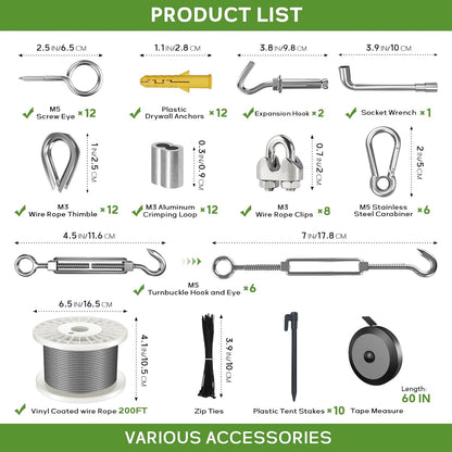 1/8" Wire Rope Kit, 200FT Steel Wire Cable, Vinyl Coated Stainless Steel Cable with Turnbuckles for Outdoor, Garden, Kitchen and Craft Projects