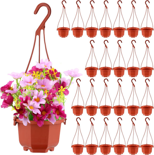 Roshtia 24 Pcs Hanging Plastic Planter Pot with Hook Flower Pots Baskets Hanging Nursery Planter Holder for Outdoor Indoor Plant Garden(Brown,3.7 Inch)