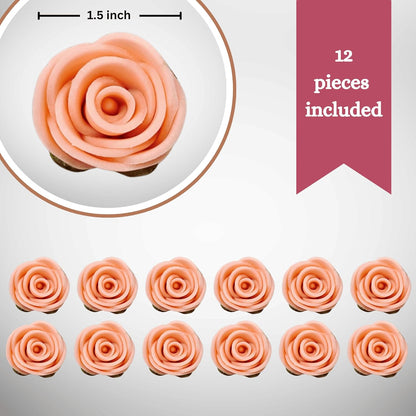 Confect Edible Rose Cake Toppers | Cupcakes & Doughnut Toppers | Roses for Cake Decorations | Edible Pretty Peach Pearl Roses - Vegan, Gluten-Free, Nut-Free, Dairy-Free, Palm Oil-Free -Pack of 12