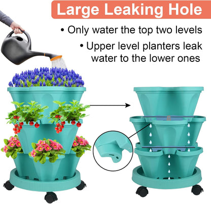 DUNCHATY Stackable Planter, Vertical Garden Planter with Wheels and Tools, Self Watering Strawberry Planter Indoor/Outdoor 3 Tier Herb Planter Pots for Growing Vegetables and Succulents, Teal