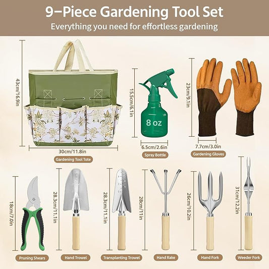 LASZOLA 9 Pcs Garden Tools Set with Tote Bag and Hand Trowel Rake Shovel, Heavy Duty Stainless Steel Gardening Kit for Outdoor Plant, Standable Portable Handbag Organizer, Ideal for Women Mom, Green