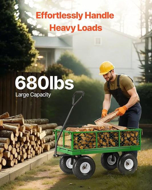 VEVOR 680 Lbs Steel Garden Cart on Wheels, Heavy Duty Garden Wagon Cart Pullable, Metal Outdoor Utility Yard Wagon Carts with 10" Tires, Mesh Removable Sides and 180°Rotating Handle