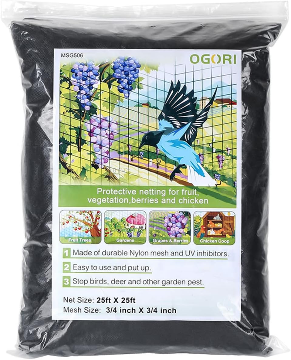 OGORI 25' x 25' Bird Netting Heavy Duty Nylon 3/4" Mesh Garden Netting Protect Fruit Trees, Plants and Vegetables