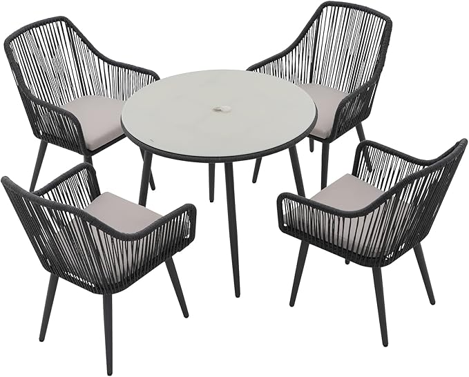 Patiorama 5-Piece Patio Dining Set, Outdoor Dining Table Chair Set, All-Weather Twisted Rattan Wicker Rope Conversation Set, Patio Furniture Set w/Umbrella Hole, 4 Cushioned Chairs&Glass Table(Black)