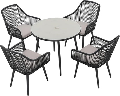 Patiorama 5-Piece Patio Dining Set, Outdoor Dining Table Chair Set, All-Weather Twisted Rattan Wicker Rope Conversation Set, Patio Furniture Set w/Umbrella Hole, 4 Cushioned Chairs&Glass Table(Black)