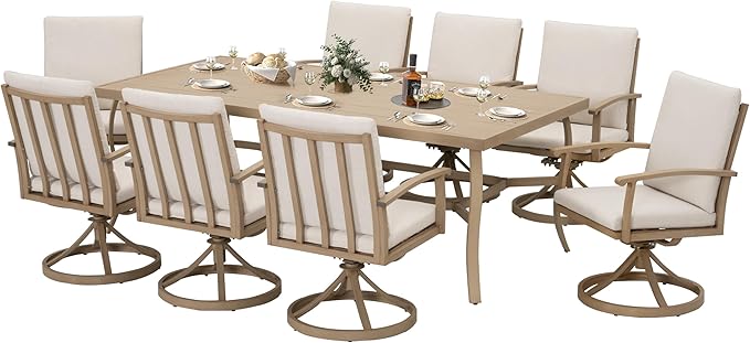 HAPPATIO Aluminum 9 Piece Patio Dining Set, Outdoor Swivel Dining Chairs and Dining Table, Aluminum Outdoor Dining Set for 8, Patio Dining Furniture with Washable Cushions (Beige)