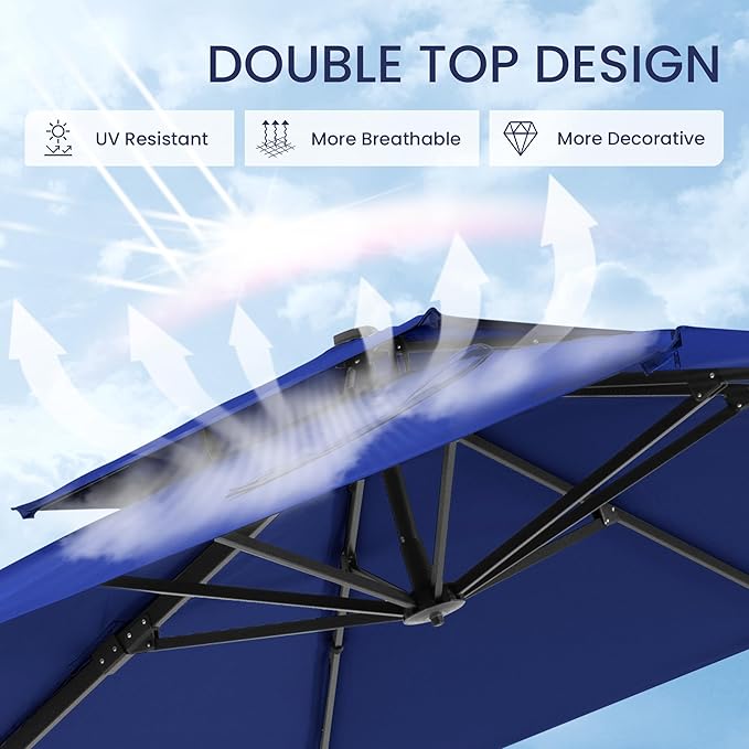 10x10 FT Cantilever Patio Umbrella with Base Included Double Top Outdoor Square Large Heavy Duty Aluminum Offset Umbrellas with 7 Level Tilt 360-degree Rotation for Pool Garden Deck,Navy