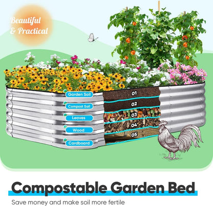 Quictent Raised Garden Bed Kit Oval Galvanized Metal Planter Box Tall for Vegetables Outdoor Backyard, Rubber Strip Edging Included, Silver 8x4x1.5 ft