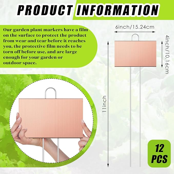 Landhoow 12 Pcs Large Garden Plant Markers Metal Plant Labels Sign 4'' x 6'' with 11'' Stake Weatherproof Waterproof Garden Sign for Outdoor Seedlings Herbs Vegetable Greenhouse, Rose Gold