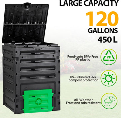 JupiterForce 120 Gallon Large Compost Bin, BPA Free Outdoor Composting Tumblers for Garden Patio, Easy Assembling, Fast Creation of Fertile Soil, Lightweight