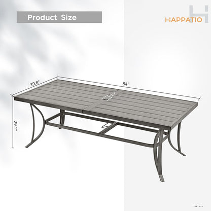 HAPPATIO Patio Dining Table for 8, Large Rectangle 84"×39.8", Patio Aluminum Slat Dining Table with 2.2" Umbrella Hole, All Weather Outdoor Table for Lawn, Garden and Poolside