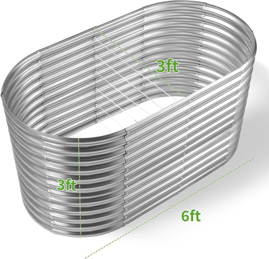 Land Guard 6x3x3ft Oval Galvanized Raised Garden Beds, Large-Capacity Metal Planter Box Outdoor, Durable Deep Raised Garden Bed 3ft Tall, Raised Beds for Gardening Vegetables, Classic Silver