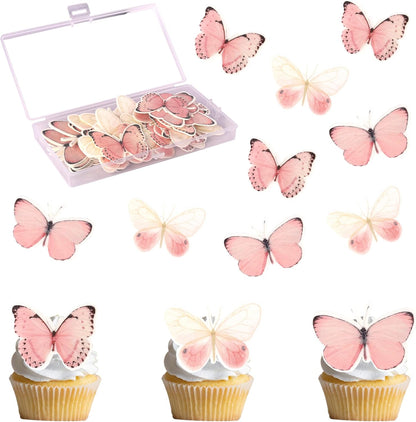 60 PCS Butterfly Cupcake Toppers Edible Butterfly Cake Decorations Edible Butterflies Cupcake Picks for Butterflies Theme Baby Shower Happy Birthday Party Cake Decoration Supllies Pink