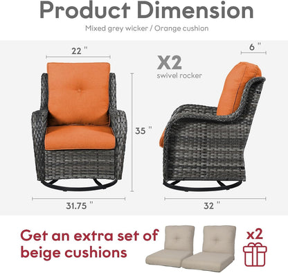 Outdoor Swivel Rcoker Wicker Chairs - Swivel Patio Chairs Set of 2 Patio Furniture Sets with Covered Cushion for Porch Deck Balcony Backyard, Orange Cushion