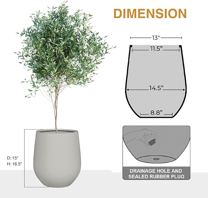 16.5" H x 15" D Corso Fiberstone Round Tapered Planter with Drainage Hole, Smooth Finishes, Weather Resistant for Indoor and Outdoor Use (Light French Gray, 11.5" Pot Opening)