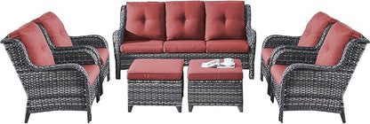 Rilyson Wicker Patio Furniture Chairs Set - 7 Piece Rattan Outdoor Sectional Conversation Sets with 1 Sofa,4 Armrest Chairs and 2 Ottomans for Porch Deck Garden(Mixed Grey/Red)