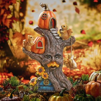 TERESA'S COLLECTIONS Fall Decor, Pumpkin Decor, Tree Spirit and Squirrels Pumpkin House with Solar Lights, Outdoor Fall Decor Waterproof Resin, Fall Gift Outdoor/Indoor,11"