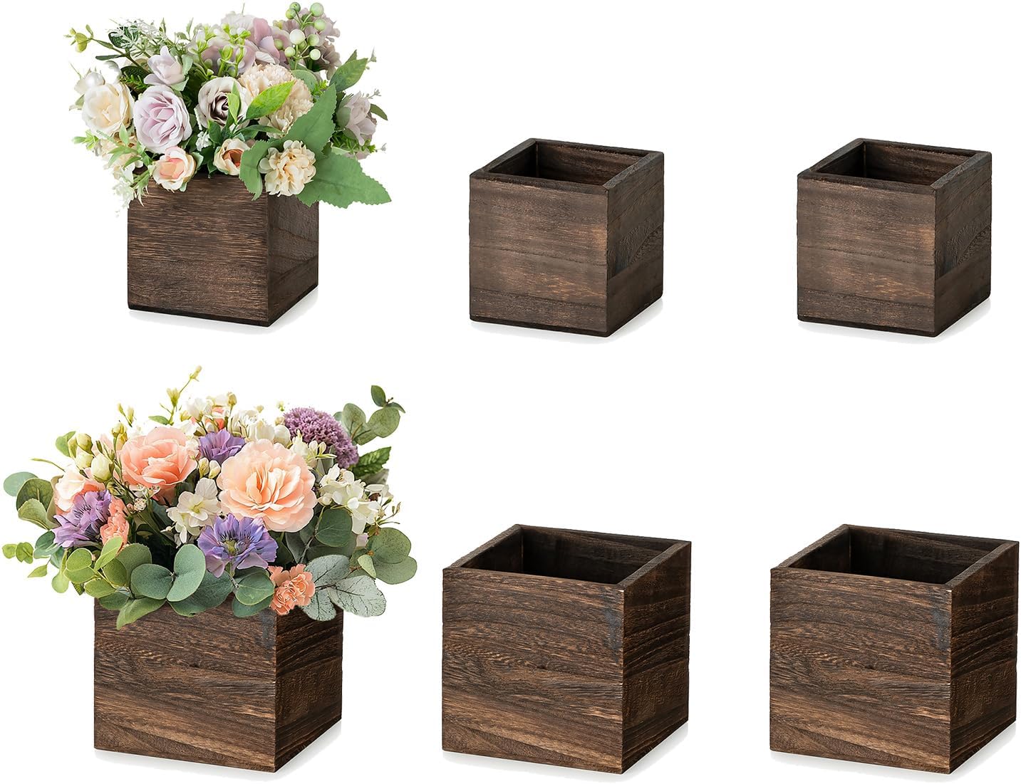 NUPTIO Wooden Box for Centerpiece Wedding: 6 Pcs Rustic Square Planter Box for Christmas Centerpiece Table Fall Decorations - 4×4" & 5×5" Small Wood Vases Flower Pots for Windowsill Home Garden Decor