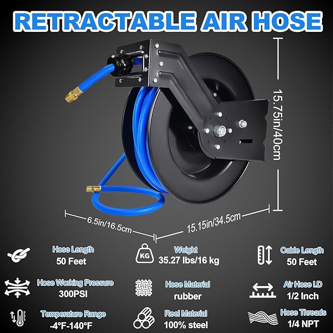 Heavy Duty Retractable Air Hose Reel, 1/2 IN x 50 FT Hybrid Air Hose, Max 300PSI Air Compressor Hose Reel with Auto Rewind, Ceiling/Wall Mount Single Arm Premium Steel Reel for Garage Workshop