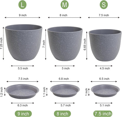 Modern Plant Pots Set, 9/8/7.5 inch Plastic Planters for Indoor Plants, Stylish Flower Pots with Drainage Holes and Saucers for House Plants and Flowers, Grey Speckles