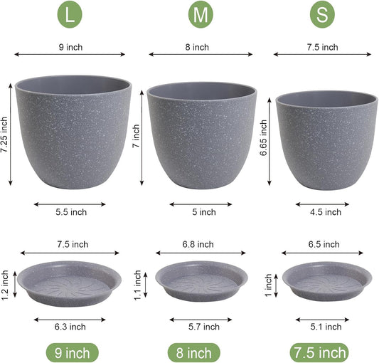 Modern Plant Pots Set, 9/8/7.5 inch Plastic Planters for Indoor Plants, Stylish Flower Pots with Drainage Holes and Saucers for House Plants and Flowers, Grey Speckles