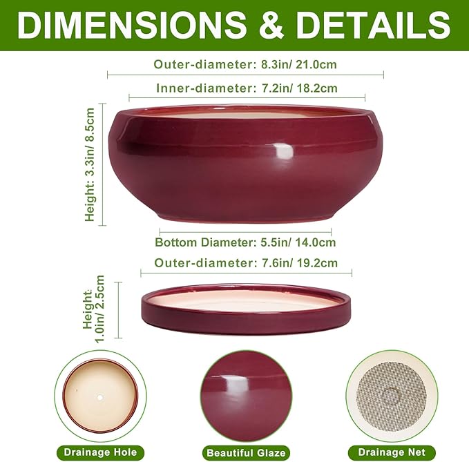 Succulent Pots - 8 Inch Bonsai Pots for Indoor Outdoor, Shallow Ceramic Planter with Drainage Hole and Saucer, Round Flower Succulent Planters, Apartment Decor, Gardening Gift, Red