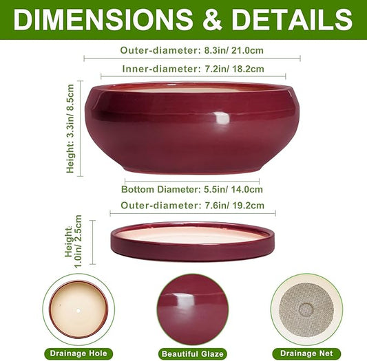 Succulent Pots - 8 Inch Bonsai Pots for Indoor Outdoor, Shallow Ceramic Planter with Drainage Hole and Saucer, Round Flower Succulent Planters, Apartment Decor, Gardening Gift, Red