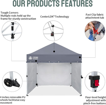 CROWN SHADES Pop Up Canopy Tent, 8x8 Commercial Canopy Tent with 4 Sidewalls, 4" Wheels, 4 Upgraded Weights, Patented Centerlock, 400D Fabric, Sto'N Go Bag, Gray