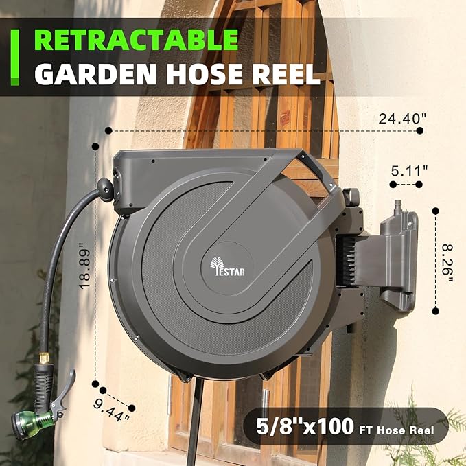 Retractable Garden Hose Reel 5/8" x100 ft, AutomaticHose Reel with 7 Pattern Nozzle, Any Length Lock Wall Mounted &180 Deg Swivel