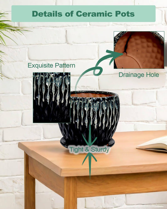 vensovo 7.5 Inch Ceramic Plant Pot with Drainage Holes and Saucer - Large Round Orchid Pot for Indoor Repotting, Ceramic Planter Maintain air Circulation, Black